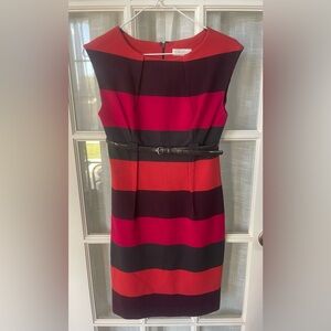Calvin Klein Size 4P fitted dress with belt. Brown, grey, burnt orange pink